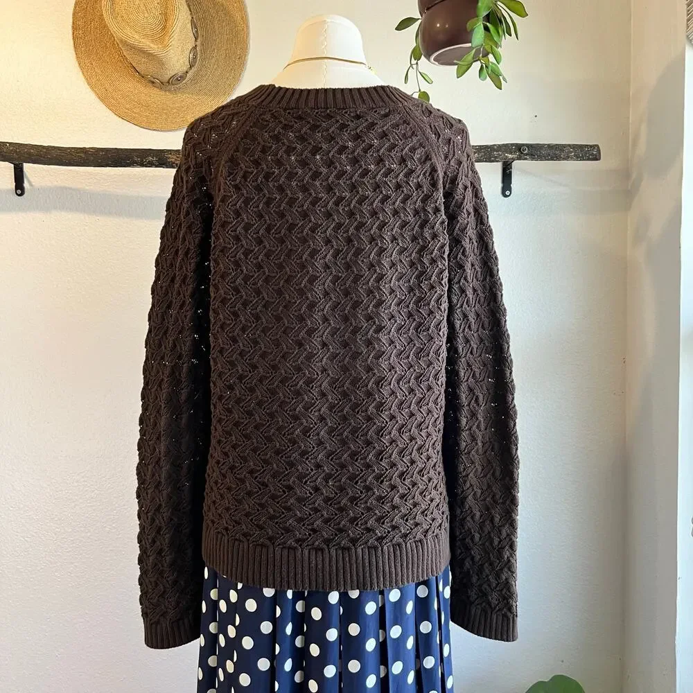 LOFT Cotton Chocolate Brown Chunky Woven Knit Crewneck Sweater Size Large